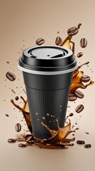 Disposable black coffee cup with lid surrounded by spectacular splashes of drink and beans. Dynamic composition on the background in warm beige and brown tones.