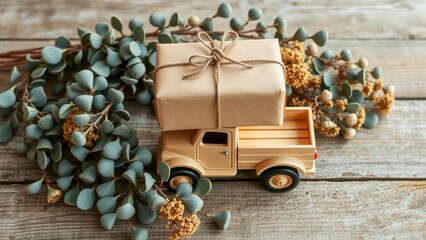 The beige parcel is neatly placed on a wooden toy car. The composition is decorated with eucalyptus branches and dried flowers, creating an atmosphere of natural aesthetics.
