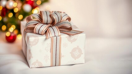 Beautiful gift box with a bow is decorated for the holiday. The perfect symbol of surprise, attention and celebration. Suitable for themes of congratulations, packaging and a festive mood.
