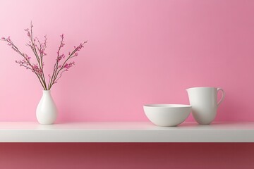 Smooth Pink Pastel Gradient with Clean White Vase and Bowls on Minimalist Shelf