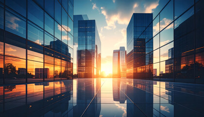 Futuristic urban skyline with glass buildings reflecting orange sunset sky, dynamic vertical lines, and glowing city floor emphasizing symmetry, progress, and depth