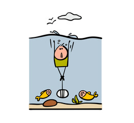 Unfortunate stickman with a stone tied to his feet fell into the water. Vector illustration of a man going down. Psychological help is needed. The fish in the sea look at the victim.