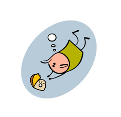 Funny cartoon stickman dives into the sea for prey. vector illustration of a pearl diver. Ocean floor and a beautiful open shell with a large pearl beckon the hunter.