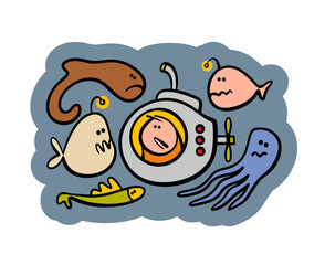 Small submarine sank to the bottom of the ocean and met sea monsters. Vector illustration of a traveler, an explorer of the depths, looking fearfully at scary fish.