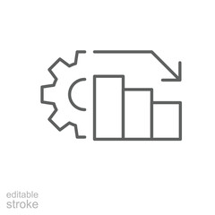 Low performance chart icon outline style. A declining bar graph with gear and downward arrow showing reduced efficiency or productivity drop. Thin line symbol vector illustration. Editable stroke