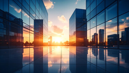 Urban landscape with tall glass buildings reflecting sunset and futuristic city symmetry
