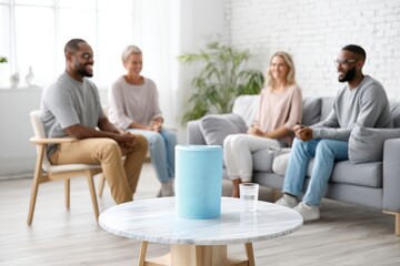 Bright living room discussion on air quality with broken air filters highlighting the importance of clean air