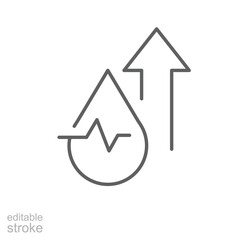 High blood pressure icon outline style. A blood drop with pulse line and rising arrow symbolizing hypertension, heart rate increase, or cardiovascular risk. Thin line symbol vector. Editable stroke
