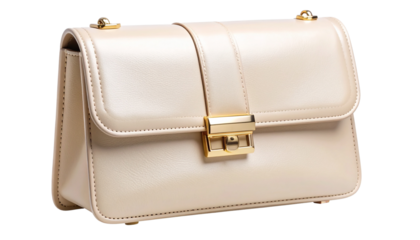 Elegant beige clutch featuring polished golden hardware, resting against transparent backdrop, complementing chic personal style isolated on solid white background in Png