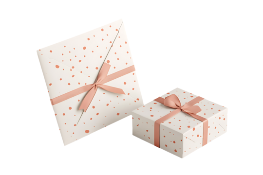 Two charming gift boxes with a white base and soft orange polka dots, tied with peach satin ribbons, perfect for coordinated gifting, isolated on transparent background