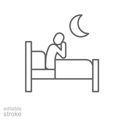 Insomnia icon outline style. A person sitting awake on bed at night under moon symbolizing sleep disorder or difficulty falling asleep. Thin line symbol vector illustration. Editable stroke
