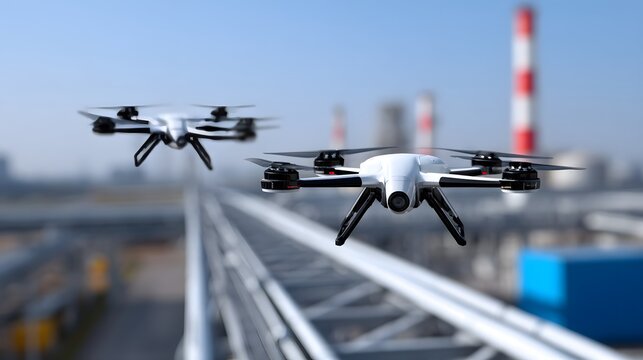 Fototapeta Drones flying over an industrial site for inspection
