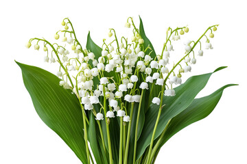 Obraz premium Lily of the Valley flower cluster isolated on transparent background — high-resolution PNG botanical cut-out perfect for spring wedding invitations, delicate scrapbook overlays and greeting cards