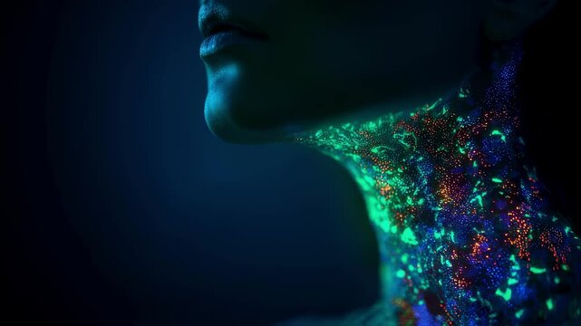 Medical science visualization revealing strep throat bacteria glowing intensely on woman's neck, depicting bacterial infection spreading across sensitive throat region
