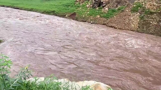 After heavy rain, the flood water from the highlands flows into the river. The water is muddy and has lots of wood chips and other things.