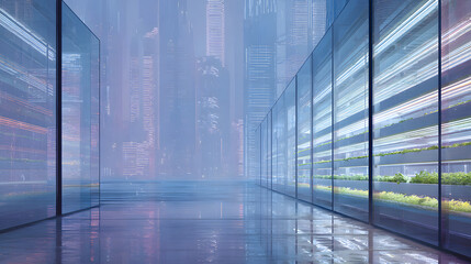 A futuristic urban vertical farming facility with stacked rows of leafy greens growing in hydroponic trays. LED grow lights in shades of violet and white illuminate the plants, casting soft