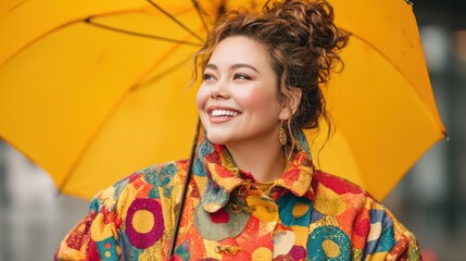 Smiling Woman Holding a Yellow Umbrella While Wearing a Colorful Coat