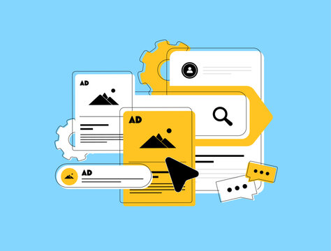 Search retargeting strategy where ads follow users based on previous search queries and intent signals, improving engagement and click-through rate. Search retargeting advertising vector illustration