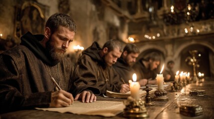 Monks In Monastery Scribing Manuscripts By Candlelight On Medieval Table