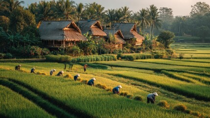 Asian farm workers harvesting rice in a lush, green, stepped paddy field near traditional houses