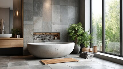 Modern bathroom featuring a stone bathtub, gray tiled walls, and green plants