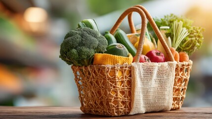 Woven Basket Overflowing with Assorted Fresh Vegetables and Produce on Rustic Table