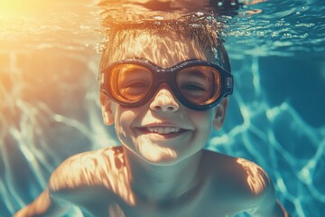 Naklejka premium A joyful image of a child swimming in a pool is a perfect representation of a happy summer vacation