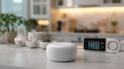 Smart Speaker and Device on White Countertop in Bright Kitchen