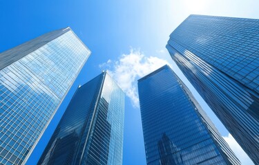 Obraz premium Tall modern skyscrapers under clear blue sky with clouds
