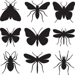 Nine Black Insect Silhouettes Moth Butterfly Spider Dragonfly Collection Graphic Design Elements