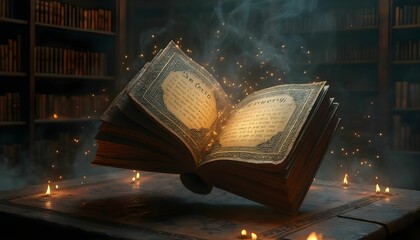 Enchanted open book releases glowing text in dimly lit library surrounded by ancient shelves and flickering candles at dusk Generative AI