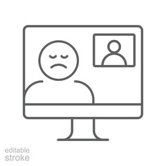Depressed employee video call icon Editable stroke outline showing remote worker stress sadness fatigue on virtual meeting computer screen