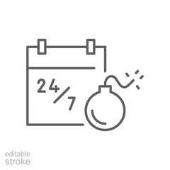 Nonstop work overload icon Editable thin line symbol showing burnout calendar with bomb representing remote worker stress and fatigue outline style
