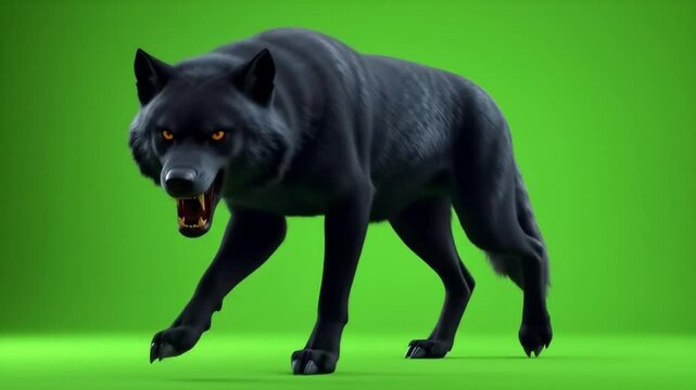 A realistic 3D render of a black wolf snarling in an aggressive posture on a green background, ideal for compositing or visual effects.