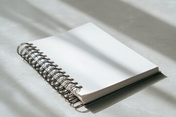 A4 format spiral binding notebook mock up on white marble background.