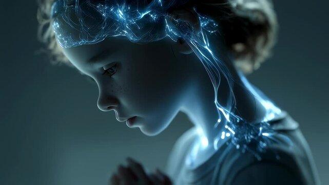 Medical visualization of a praying child with glowing amygdala and limbic system, highlighting the connection between emotions, fear, and spiritual experiences