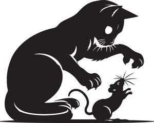 silhouette vector illustration cat playing with mouse