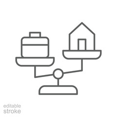 Work home conflict icon Outline line symbol of unbalanced life with job briefcase and house showing burnout stress editable stroke style