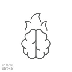 Mental overload icon Thin line editable symbol of brain with fire representing fatigue stress burnout in remote work lifestyle