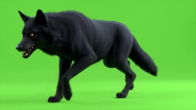 A 3D animated black wolf walking slowly on a green screen, designed for visual effects and video production.