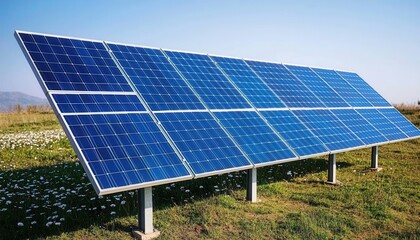 Solar Panels Installed on Ground in Clear Sky with Green Field