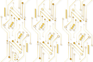 A golden background with golden circuit board lines, golden dots and yellow chips