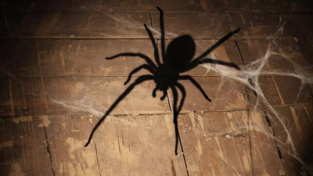 Spider shadow crawls smoothly across old wooden floor, surrounded by cobwebs. Realistic, slow motion enhances eerie tension. Perfect for horror or Halloween settings.