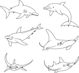 Fototapeta premium Six Gray Scale Marine Animal Silhouettes Shark Dolphin Ray Fish Ocean Life Aquatic Wildlife Set
