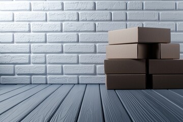 Fototapeta premium Stacked Brown and Beige Boxes on Gray Wooden Floor with Brick Wall