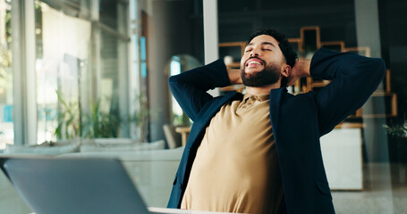 Smile, laptop and stretching with business man in office for negotiation closer, relax and success....