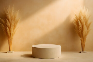 Natural Beige Product Background Scene with Warm Lighting, Decorative Grass Elements and Elegant Display Podium for Branding