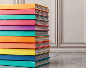 Stack of Colorful Notebooks on a Desk Against a Neutral Background