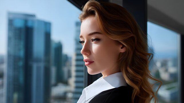 Thoughtful businesswoman gazing out of office window at city skyline - Powered by Adobe