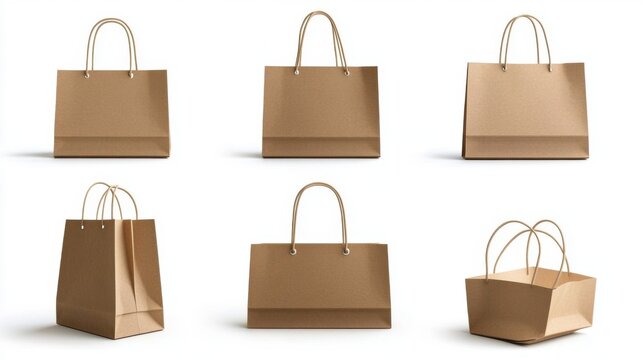 A detailed illustration of the various angles and perspectives of a Brown Paper Shopping Bag Mockup, showing its front, side, and top views, all with clear copy space, for comprehensive design